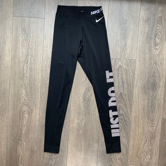 Nike Pro Warm Fleece Just Do it Logo Leggings Running Dri fit Black Second layer - Picture 2 of 15